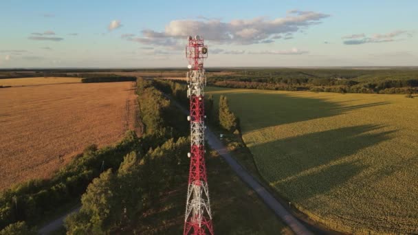 Odbiornik Anteny Telekomunikacyjnej Wieży Telefonicznej Nadajnikiem Stacji Bazowej Widok Lotu — Wideo stockowe