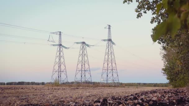 Linha Alta Tensão Torre Linha Eletricidade Industrial Campo Rural — Vídeo de Stock