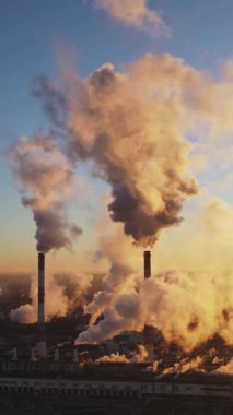 Fabrikalardan yayılan bacalar gün doğumunda duman üretiyor. Dikey video. Çevre ve ekoloji krizi, iklim değişikliği, küresel ısınma