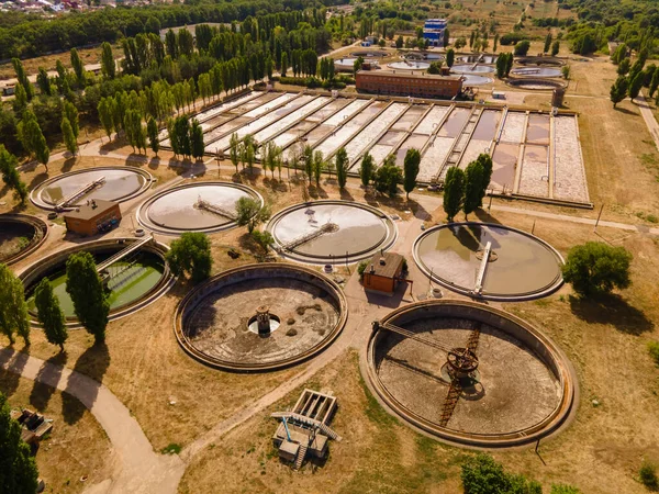 Sewage treatment plant. Sedimentation round basin or clarifier in modern sewage or wastewater treatment plant