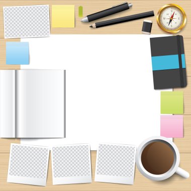 Vektör kağıt ve kalem, boş kağıt, kalem, pusula vektör kitapla. 