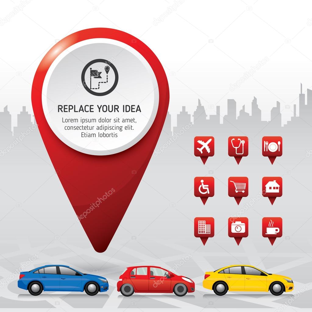Check in location on the map diagram infographics. Location concept design. 