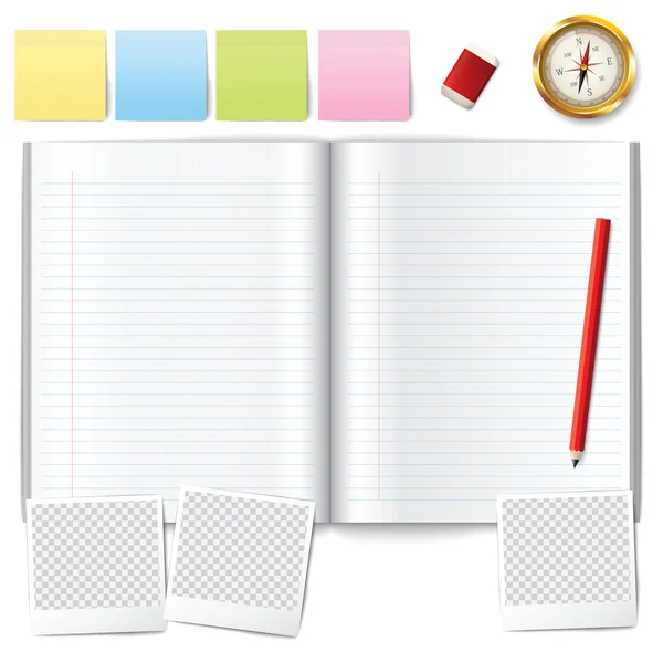 Papel y lápiz vectorial, papel en blanco, libro con vector de lápiz . — Vector de stock