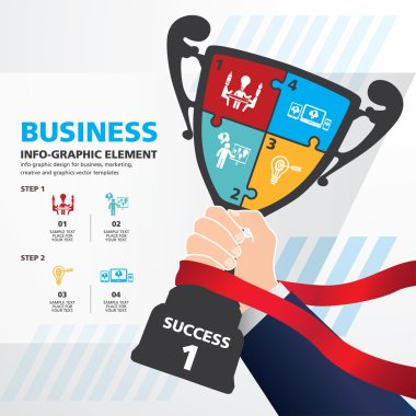 Info graphic Template with Businessman holding a champion trophy banner