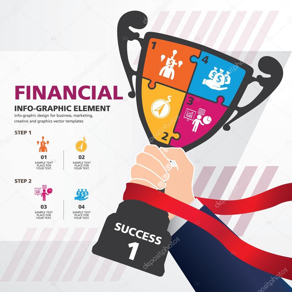 Info graphic Template with Businessman holding a champion trophy banner