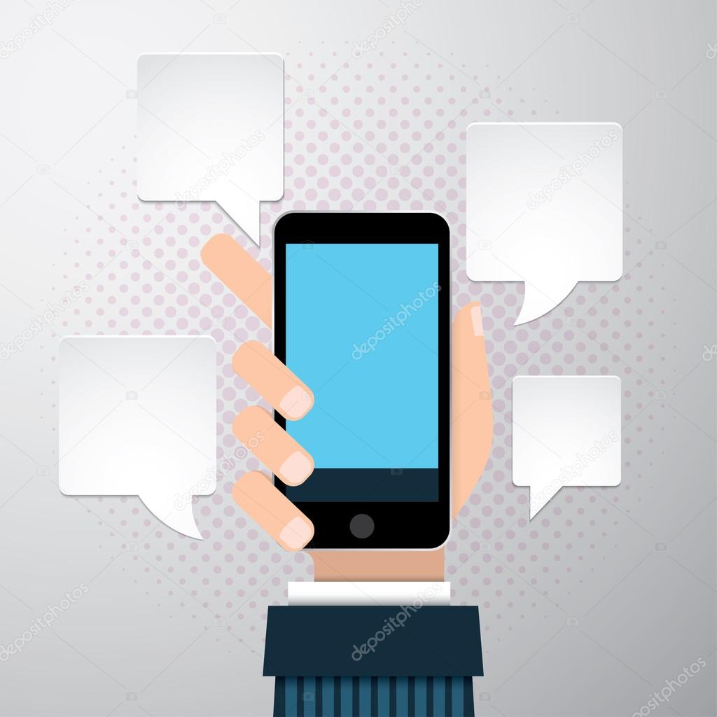 Businessman hand holding mobile phone with speech bubble icon