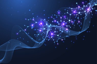 Moleküler soyut yapı ve genetik mühendislik, sağlık ve tıp geçmişi. Bilimsel araştırma geçmişi. Dalga akışı, yenilik kalıbı. Vektör illüstrasyonu.