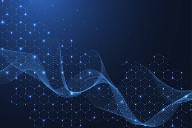 Moleküler yapı arka planı. DNA moleküllü bir duvar kağıdı ya da afiş bilim şablonu. Bilimsel molekül arkaplanını kaldır. Dalga akışı, yenilik kalıbı. Vektör illüstrasyonu.