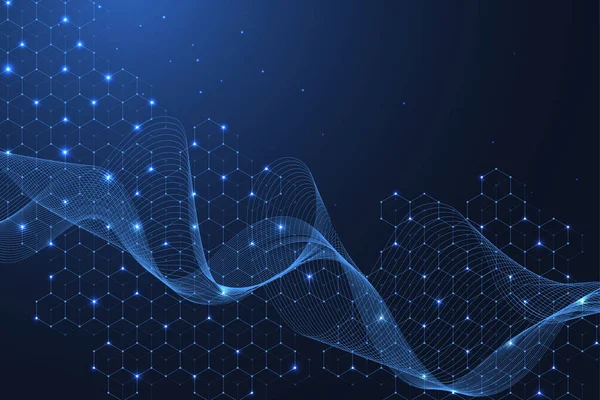 Moleküler yapı arka planı. DNA moleküllü bir duvar kağıdı ya da afiş bilim şablonu. Bilimsel molekül arkaplanını kaldır. Dalga akışı, yenilik kalıbı. Vektör illüstrasyonu.