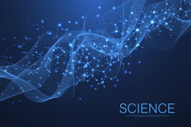 Moleküler yapı arka planı. DNA moleküllü bir duvar kağıdı ya da afiş bilim şablonu. Bilimsel molekül arkaplanını kaldır. Dalga akışı, yenilik kalıbı. Vektör illüstrasyonu.