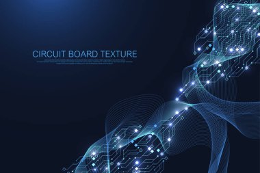 Yüksek teknolojili dijital veri bağlantı sistemine sahip devre kartı teknolojisi. Soyut bilgisayar elektronik desing geçmişi. Anakart yüksek teknoloji, bilim, fütüristik teknoloji vektör çizimi