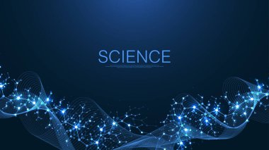 Moleküler soyut yapı ve genetik mühendislik, sağlık ve tıp geçmişi. Bilimsel araştırma geçmişi. Dalga akışı, yenilik kalıbı. Vektör illüstrasyonu.