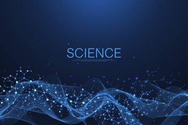 Moleküler soyut yapı ve genetik mühendislik, sağlık ve tıp geçmişi. Bilimsel araştırma geçmişi. Dalga akışı, yenilik kalıbı. Vektör illüstrasyonu.