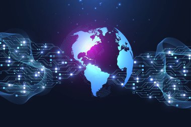 Devre tahtası tasarımı arka planı. Yüksek teknolojili dijital veri bağlantı sistemine sahip soyut iletişim devre kartı teknolojisi. Soyut bilgisayar elektronik arka planı. Vektör illüstrasyonu.