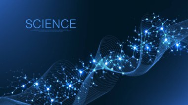 Tıp, bilim, teknoloji ve kimya için bilimsel bir arkaplan. DNA moleküllü duvar kağıdı ya da afiş, DNA dijital, dizi, kod yapısı. Vektör illüstrasyonu.