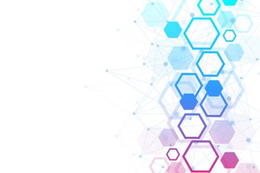 Tıp, bilim, teknoloji, sibernetik ve kimya için bilimsel bir arkaplan. Üzerinde uğursuz DNA molekülleri olan duvar kağıdı ya da afiş. Geometrik dinamik çizim.