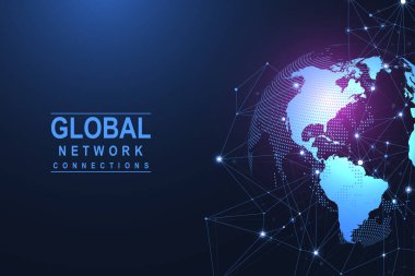 Küresel ağ bağlantısı kavramı. Büyük veri görselleştirmesi. Küresel bilgisayar ağlarındaki sosyal ağ iletişimi. İnternet teknolojisi. İş için. - Bilim. Vektör illüstrasyonu