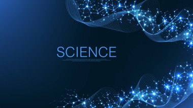 Moleküler soyut yapı ve genetik mühendislik, sağlık ve tıp geçmişi. Bilimsel araştırma geçmişi. Dalga akışı, yenilik kalıbı. Vektör illüstrasyonu.
