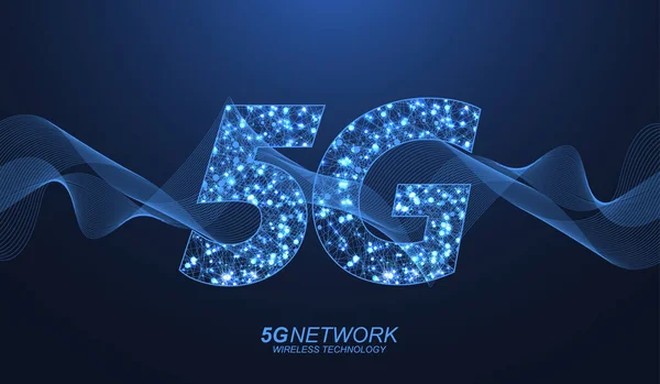 Koncepcja technologii bezprzewodowej sieci 5G. Ikona banera internetowego 5G dla biznesu i technologii, sygnału, prędkości, sieci, dużych zbiorów danych, technologii, IoT i ikon ruchu. Symbol 5G wektor przepływu fali — Wektor stockowy