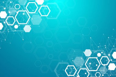 Tıp, bilim, teknoloji ve kimya için bilimsel bir arkaplan. DNA moleküllü duvar kağıdı ya da afiş. Geometrik dinamik çizim.