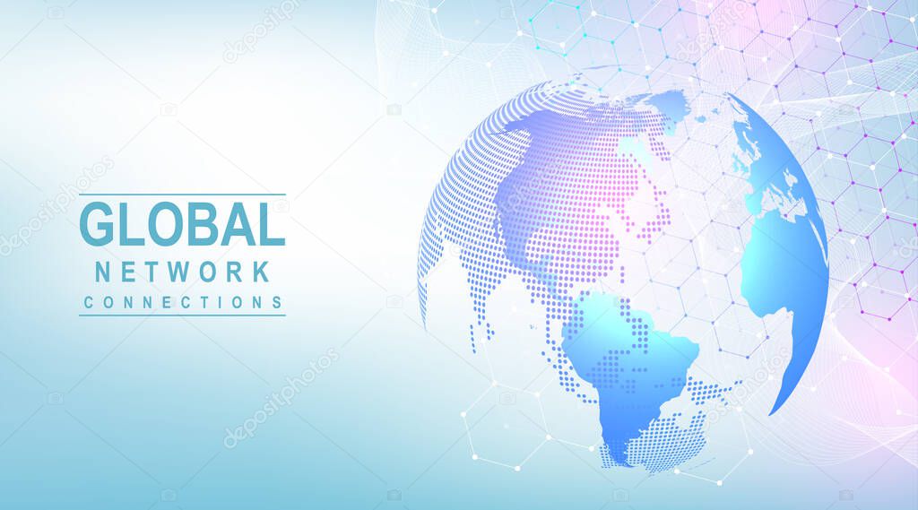 Business global network connection. World map point and line composition concept of global business. Global internet technology. Big data visualization. Vector illustration.