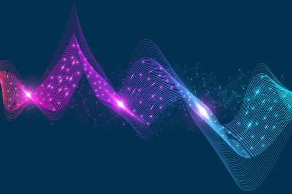 Bağlı çizgi ve noktalarla soyut pleksus arkaplanı. Dalga akışı. Pleksus geometrik etkisi bileşikli büyük veriler. Pleksus çizgileri, minimum dizi. Dijital veri görselleştirme, illüstrasyon