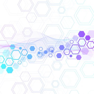 Tıp, bilim, teknoloji ve kimya için bilimsel bir arkaplan. DNA moleküllü duvar kağıdı ya da afiş. Geometrik dinamik çizim.