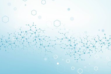 Moleküler yapı arka planı. DNA moleküllü bir duvar kağıdı ya da afiş bilim şablonu. Altıgenli molekül arkaplanı, dalga akışı, illüstrasyon.