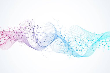 Moleküler yapı arka planı. DNA moleküllü bir duvar kağıdı ya da afiş bilim şablonu. Altıgenli molekül arka planı, dalga akışı. Vektör illüstrasyonu.