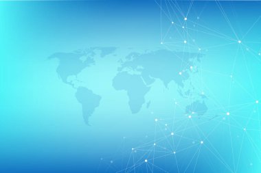 Dünya haritasıyla küresel ağ bağlantıları. İnternet bağlantısı geçmişi. Soyut bağlantı yapısı. Çokgen uzay arkaplanı, illüstrasyon.