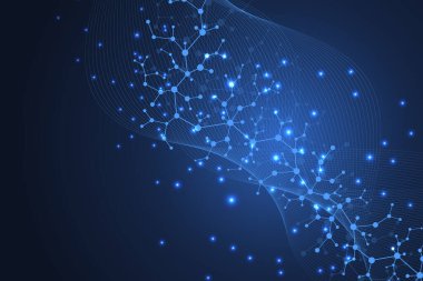 Tıp, bilim, teknoloji ve kimya için akış dalgaları olan bilimsel bir arkaplan. DNA moleküllü duvar kağıdı ya da afiş. Geometrik dinamik doğrusal dalga çizimi.