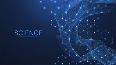 Moleküler soyut yapı ve genetik mühendislik, sağlık ve tıp geçmişi. Bilimsel araştırma geçmişi. Dalga akışı, yenilik kalıbı. Vektör illüstrasyonu.