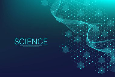 Moleküler soyut yapı ve genetik mühendislik, sağlık ve tıp geçmişi. Bilimsel araştırma geçmişi. Dalga akışı, yenilik kalıbı. Vektör illüstrasyonu.