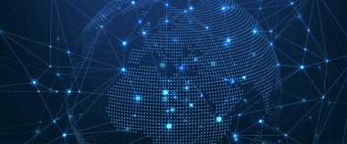 Küresel ağ bağlantısı kavramı. Büyük veri görselleştirmesi. Küresel bilgisayar ağlarındaki sosyal ağ iletişimi. İnternet teknolojisi. İş için. - Bilim. Vektör illüstrasyonu.