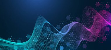 Moleküler soyut yapı ve genetik mühendisliği DNA 'sı. Sağlık ve tıp geçmişi kavramı. Bilimsel araştırma geçmişi. Dalga akışı. Yenilik modeli. Vektör illüstrasyonu