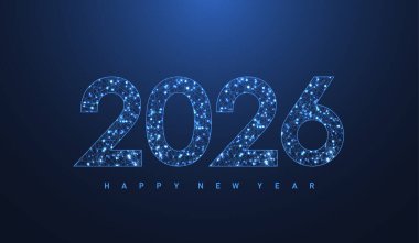 Yeni basamaklar elektronik teknolojisiyle 2026 yılbaşı afişi. Teknik dijital afiş veya başlık 2026 Yeni yıl ve Mutlu Noeller kartı.