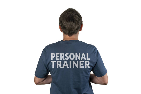 Обратный вид персонального тренера изолирован на белом фоне