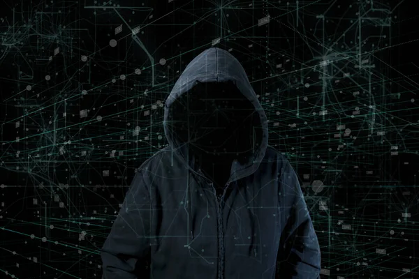 Concepto Crimen Internet Hacker Trabajando Código Sobre Fondo Digital Oscuro — Foto de Stock