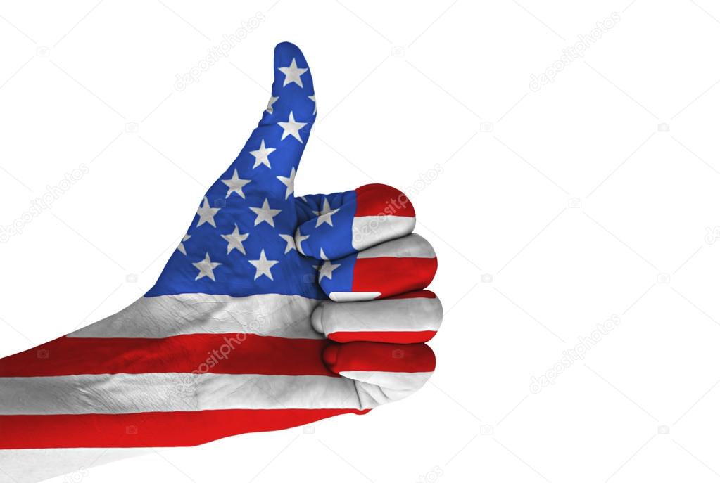 Hand with thumb up gesture in colored American national flag.