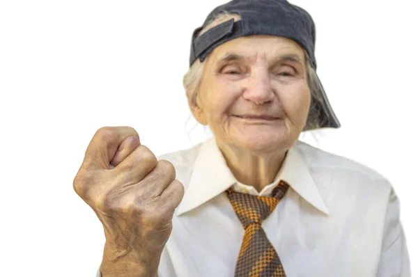 Elderly woman showing fig sign. — Stock Photo, Image