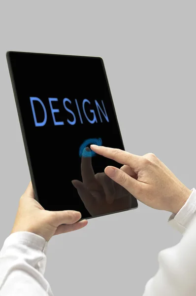 Design message on digital tablet computer display. Woman hands w — Stock Photo, Image