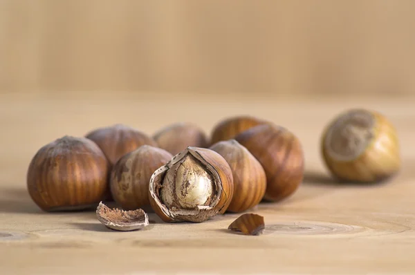 Verse bruin hazelnoot op houten tafel. — Stockfoto