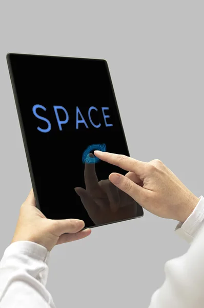 Space message on digital tablet computer display. Woman hands wi — Stock Photo, Image