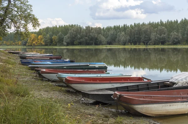 Un groupe de bateaux sur la plage au bord du lac en automne . — Photo