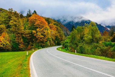 Dağlarda yol, Slovenya, Bled, Bohinj. Renkli sonbahar ormanları ve tepelerin manzara görünümü.