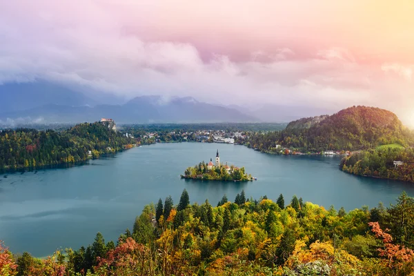 Breathtaking long exposure aerial panoramic view of Lake Bled, Slovenia, Europe (Osojnica) — Stock Photo, Image