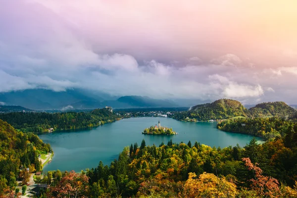 Úchvatný vzdušný letecký panoramatický výhled na jezero vykrvené, Slovinsko, Evropa (Osojnica) — Stock fotografie