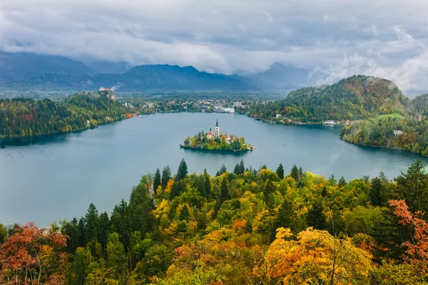 Breathtaking long exposure aerial panoramic view of Lake Bled, Slovenia, Europe(Osojnica) — Stock Photo, Image