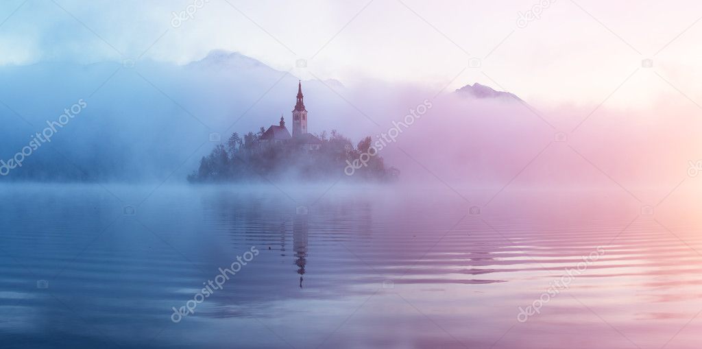 Famous island with old church in the city of Bled.