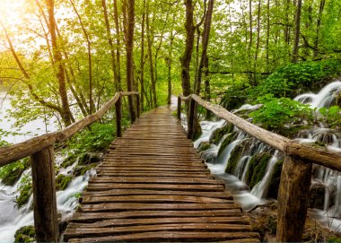 Güzel görünümü yolu Plitvice Gölleri Milli Parkı'nda ve şelaleler.